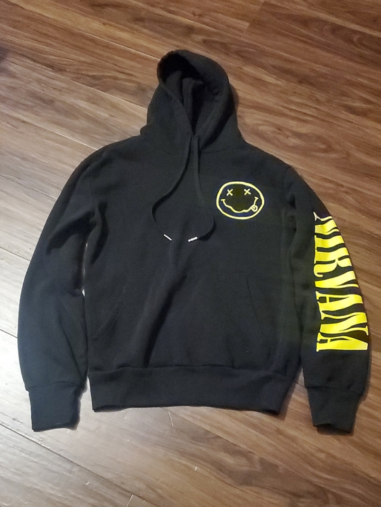 NIRVANA Tops - NIRVANA Black Hoodie with Yellow Smiley and Sleeve Text